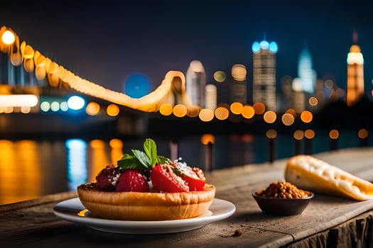 a plate of food with a view of the city. AI-Generated photo