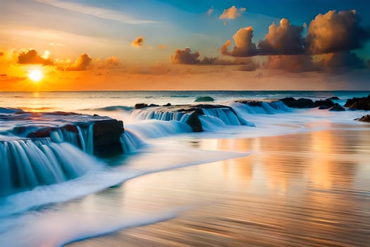 a beautiful sunset over the ocean with waves crashing into the shore. AI-Generated photo