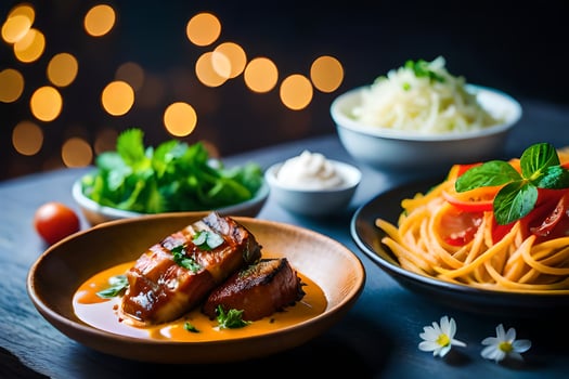 a plate of food with noodles, meat and vegetables. AI-Generated photo