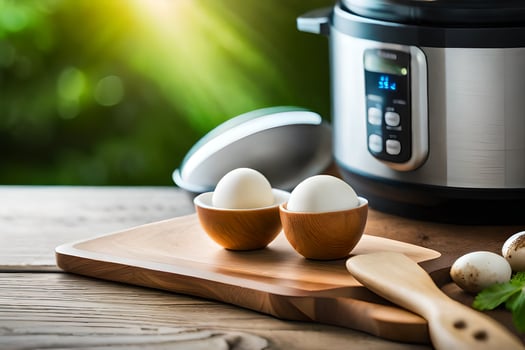 two eggs on a cutting board next to an instant pot. AI-Generated photo