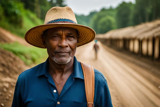 a man in a hat standing on a dirt road. AI-Generated photo