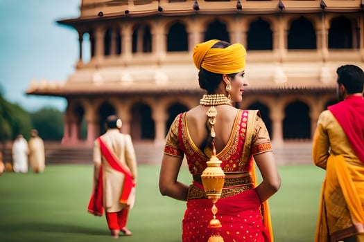 a bride and groom in traditional indian attire. AI-Generated photo