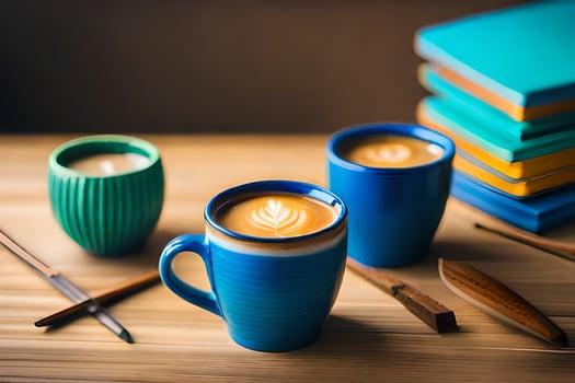 two cups of coffee with a book on a table. AI-Generated photo