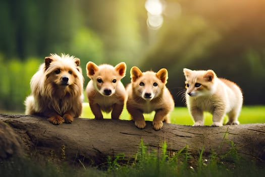 photo wallpaper dogs, the forest, the sun, the grass, the trees, the puppies,. AI-Generated