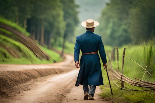 a man in a blue suit and hat walking down a dirt road. AI-Generated photo