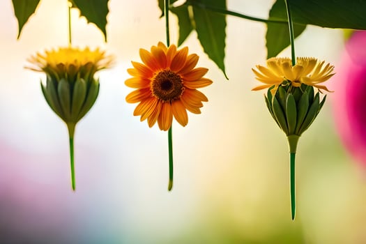 three yellow flowers hanging from a tree. AI-Generated photo