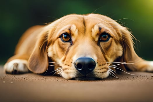a brown dog laying on the ground. AI-Generated photo