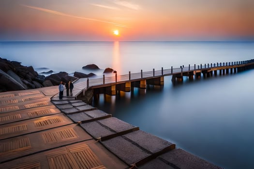 a man and woman walk along a pier at sunset. AI-Generated photo