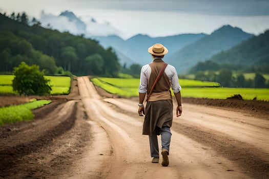 a man in a hat walks down a dirt road. AI-Generated photo