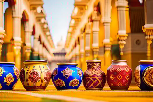 a row of colorful vases lined up in a row. AI-Generated photo