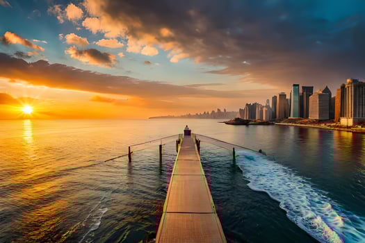 the sun sets over the city skyline in dubai. AI-Generated photo