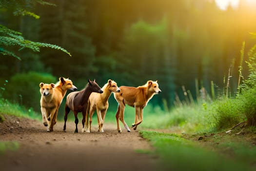 four horses running on a dirt road in the forest. AI-Generated photo