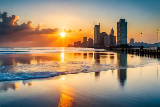 the sun rises over the city skyline. AI-Generated photo