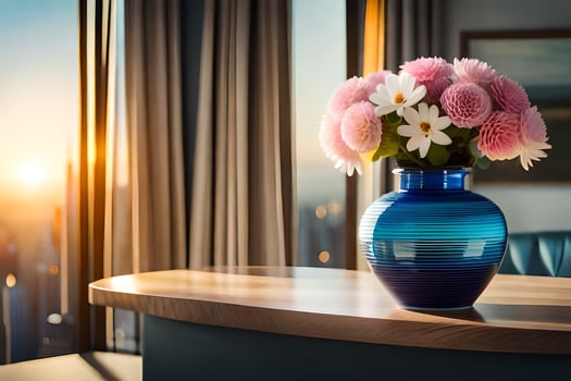 a vase of flowers on a table in front of a window. AI-Generated photo
