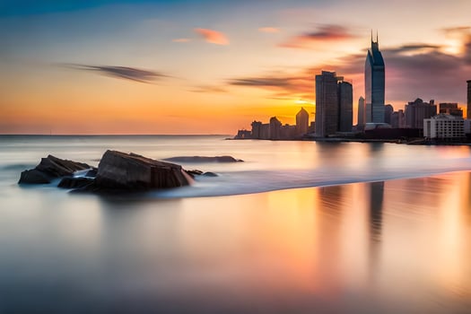 the city skyline is reflected in the water at sunset. AI-Generated photo