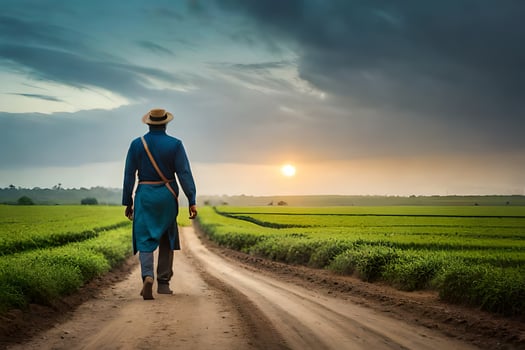 a man in a blue hat walks down a dirt road. AI-Generated photo