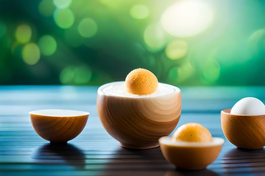three eggs in wooden bowls on a table. AI-Generated photo