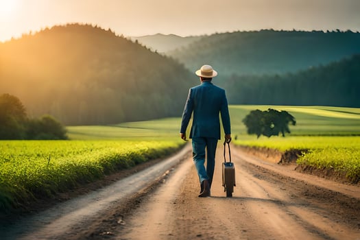 a man in a suit and hat walks down a dirt road with a suitcase. AI-Generated photo
