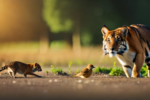a tiger and two birds on a dirt road. AI-Generated photo