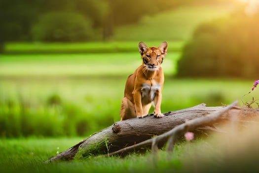 a red fox standing on a log in a field. AI-Generated photo
