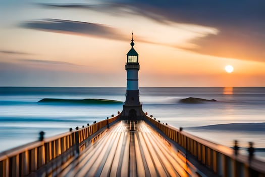 a lighthouse stands on a pier at sunset. AI-Generated photo