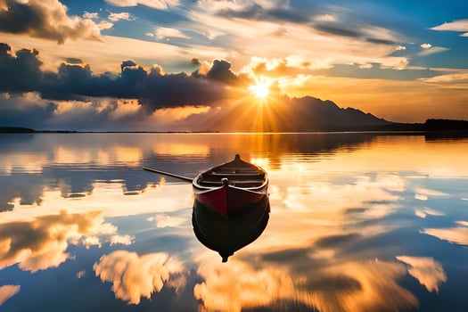 a boat is floating in the water at sunset. AI-Generated photo