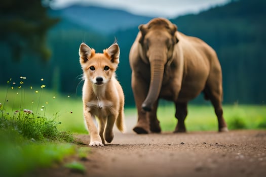 a dog and an elephant walking on a road. AI-Generated photo
