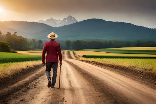 a man in a red jacket and hat walking down a dirt road. AI-Generated photo