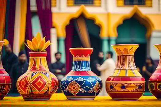 colorful vases on a table with colorful designs. AI-Generated photo