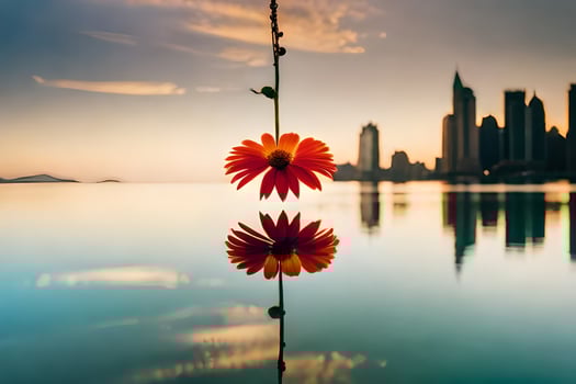 a flower hanging from a rope in front of a city skyline. AI-Generated photo