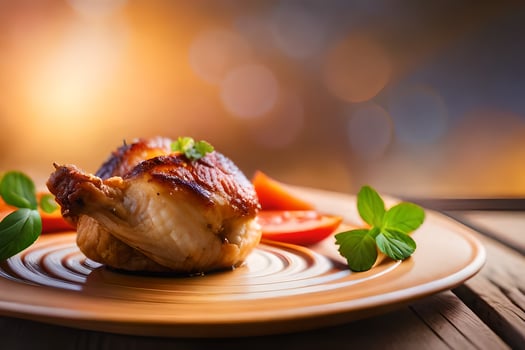 a chicken breast on a plate with tomatoes and herbs. AI-Generated photo