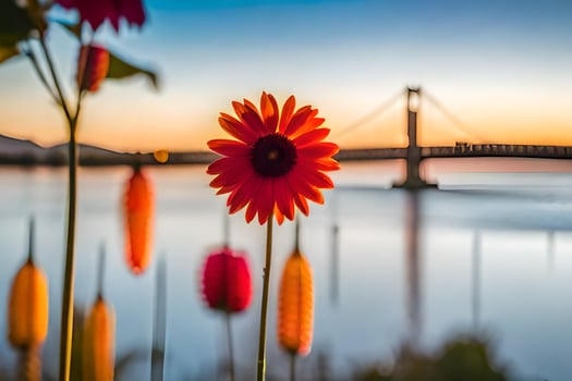 a flower stands in front of a bridge at sunset. AI-Generated photo