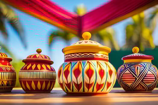 colorful pots on a table with a red cloth. AI-Generated photo
