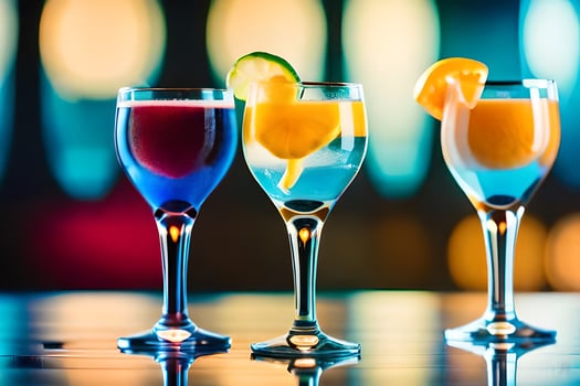three glasses of different colored drinks on a table. AI-Generated photo
