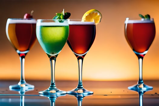 four different colored drinks in glasses on a table. AI-Generated photo