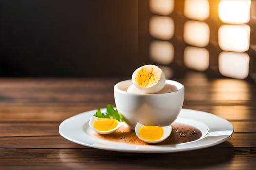 boiled eggs in a cup on a wooden table. AI-Generated photo