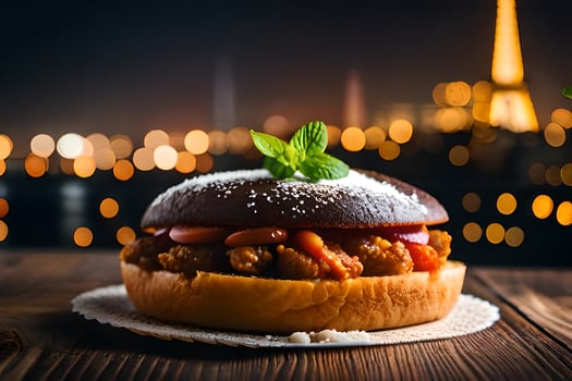 a burger with a city view. AI-Generated photo