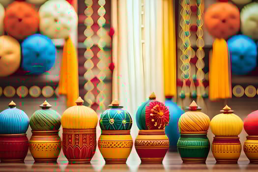 colorful wooden vases lined up in a row. AI-Generated photo