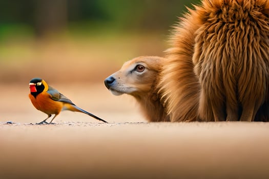 a bird and a lion standing next to each other. AI-Generated photo