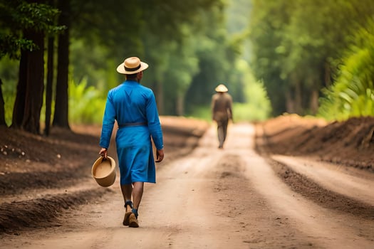 a man in a blue dress and hat walking down a dirt road. AI-Generated photo