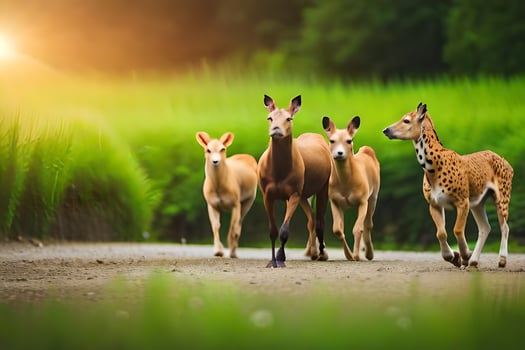 a group of deer walking on a road. AI-Generated photo
