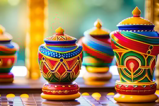 colorful wooden vases on a table. AI-Generated photo