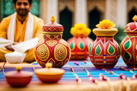 a man sitting in front of colorful vases. AI-Generated photo