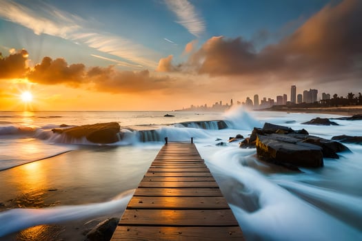 the sunset over the ocean with a wooden boardwalk. AI-Generated photo