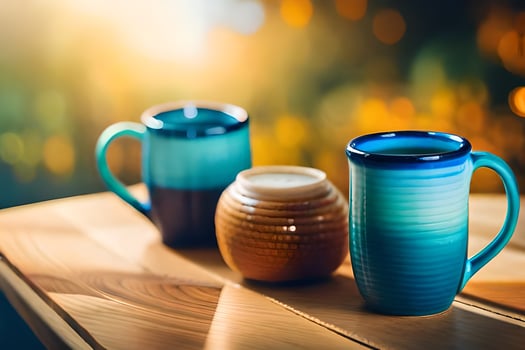 two blue coffee mugs on a wooden table. AI-Generated photo