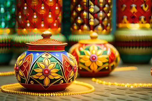 colorful decorative lamps and candles on a table. AI-Generated photo