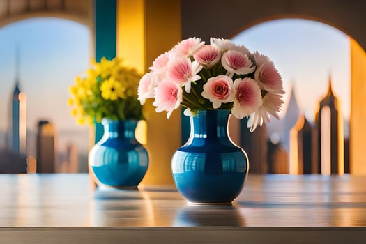 two vases with flowers on a table in front of a cityscape. AI-Generated photo