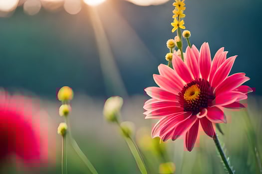 a pink flower is in the middle of a field. AI-Generated photo
