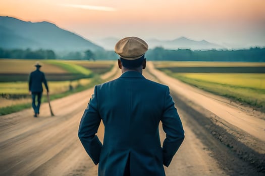 a man in a suit and hat walking down a dirt road. AI-Generated photo