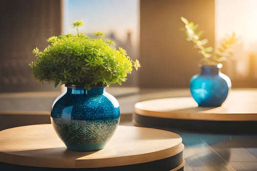 two blue vases with plants on top of wooden tables. AI-Generated photo
